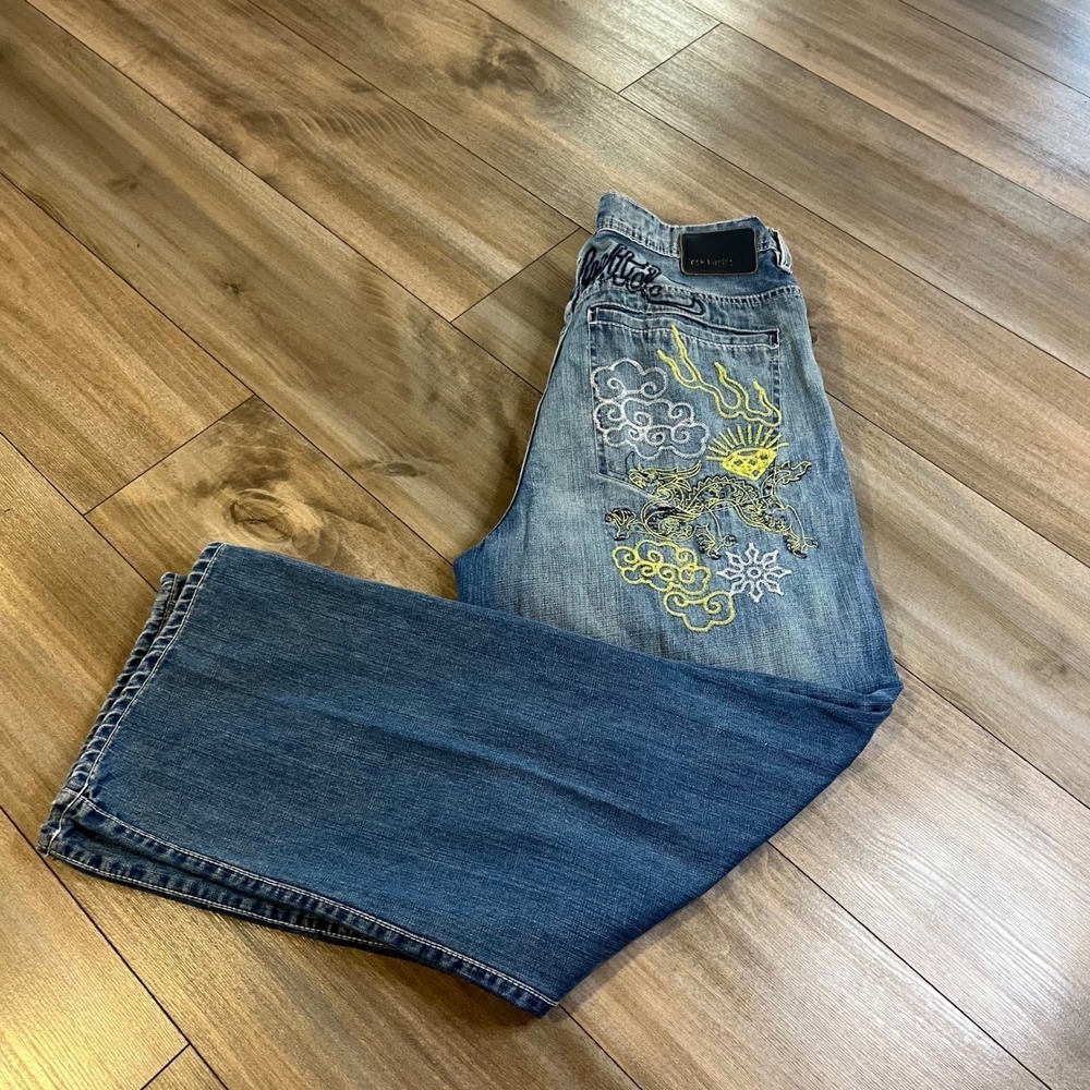 Ecko Unltd Y2K Baggy Fit Jeans Men's Size 36 Embroidered Sun Dragon Clouds Denim
